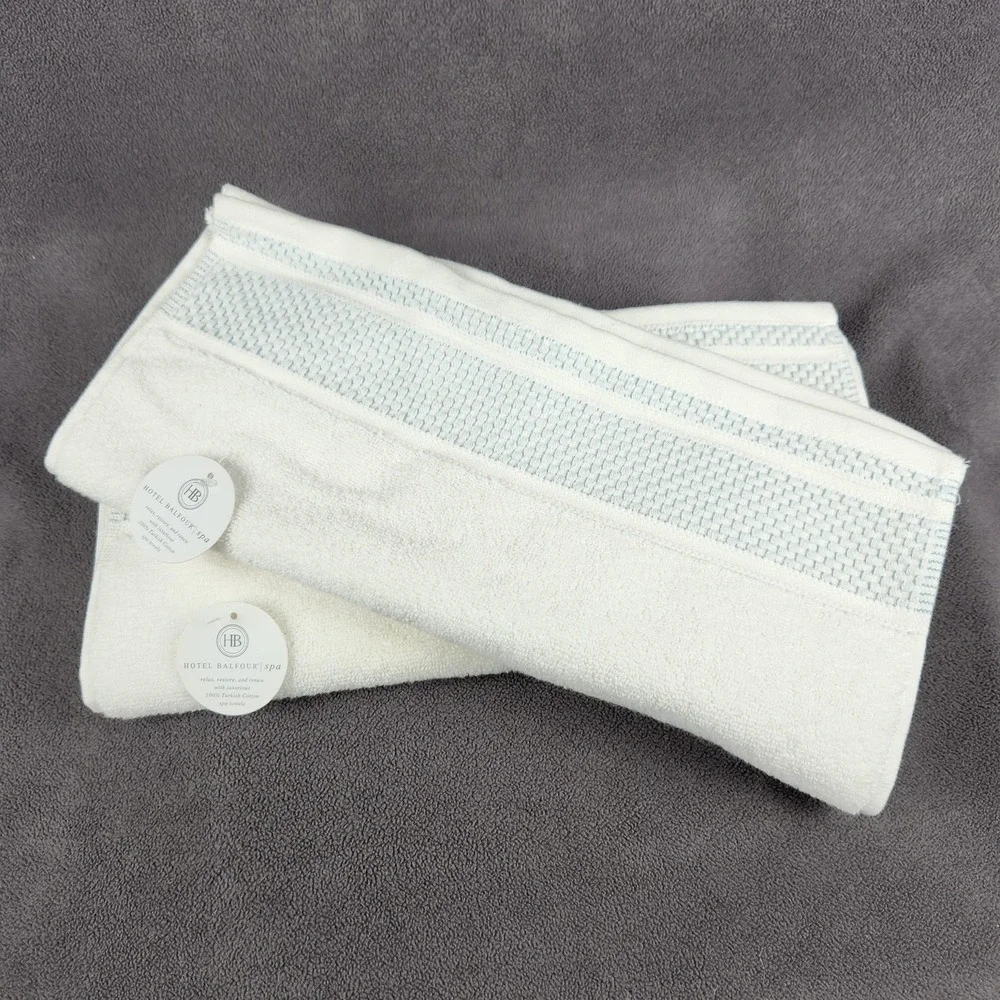 Hotel Balfour Spa Hand Towels Set Of 2 16x28 100% Turkish Cotton White Blue Bath